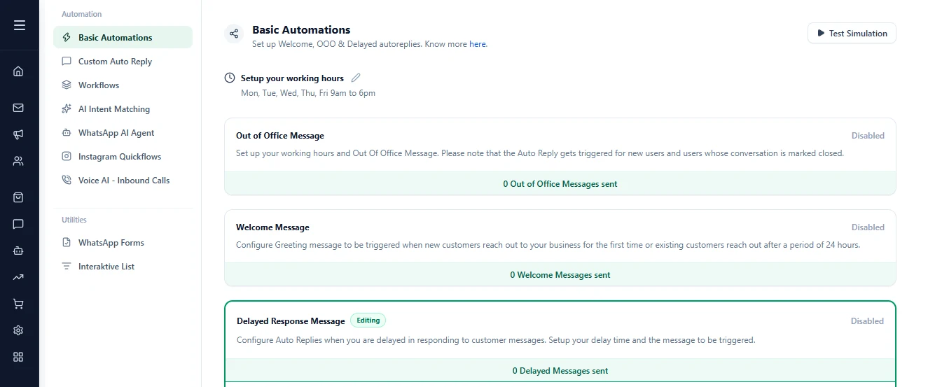 Basic Automations page with working hours, out of office, welcome and delayed response messages