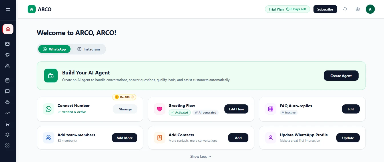 ARCO Communication dashboard with AI agent setup, connected WhatsApp number, greeting flow and FAQ auto-replies