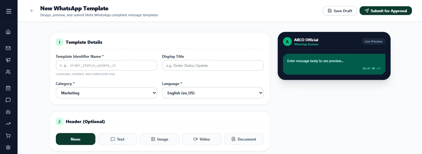 New WhatsApp Template builder with template details, header options and a live message preview