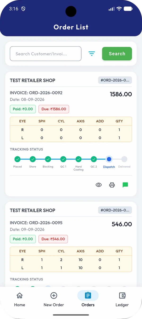 Arco Retail order list with live lab tracking status