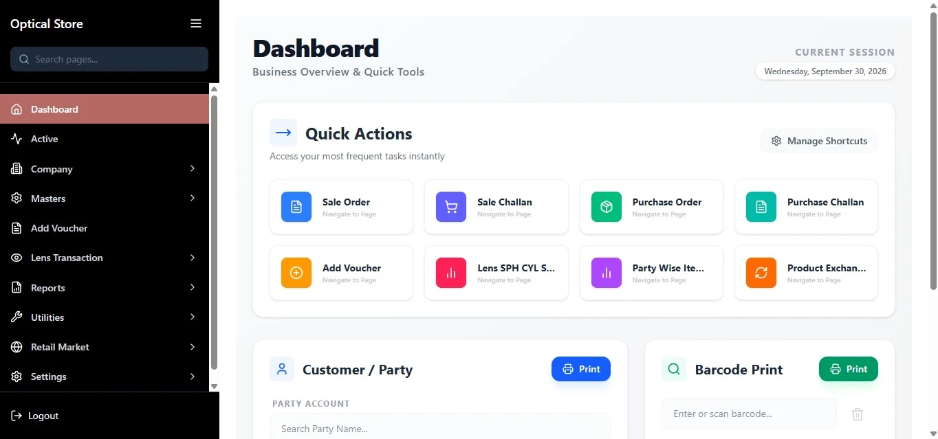 Arco Wholesale dashboard with quick actions, customer party lookup and barcode printing
